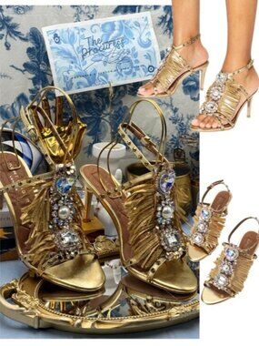 🆕 KURT GEIGER LONDON 🧿 NWOB Jewel Fringe Heel, Gold - Sz 40 US 9